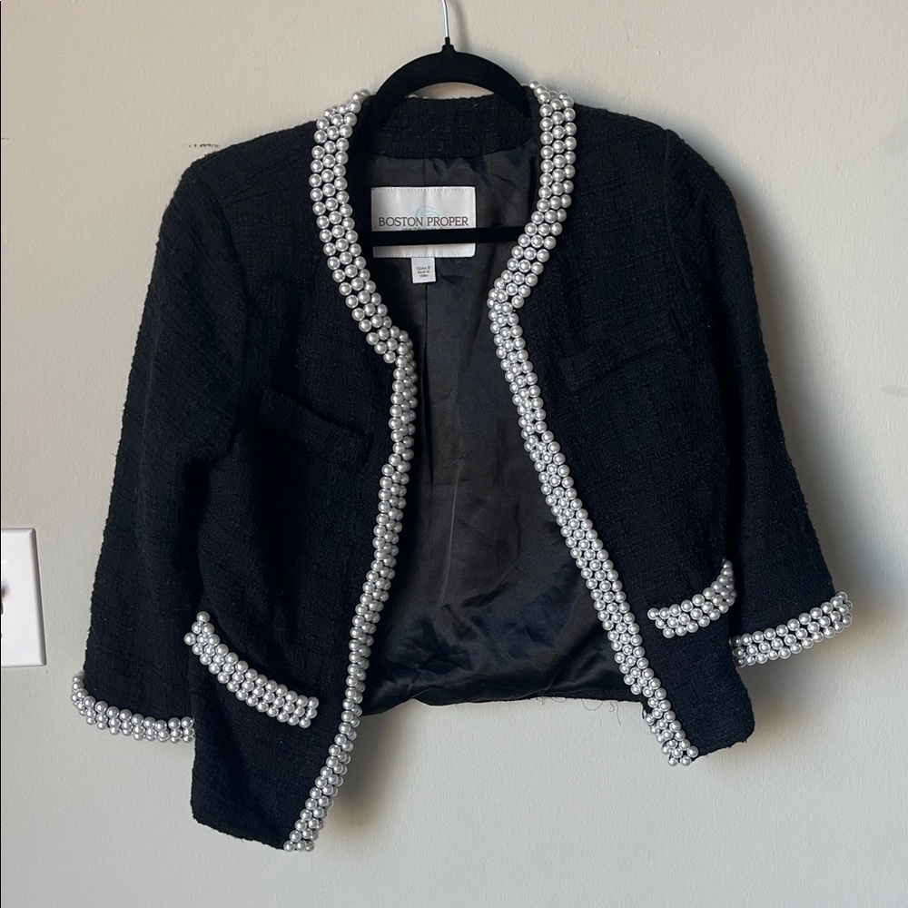 Boston Proper Black Blazer with Pearl Trim